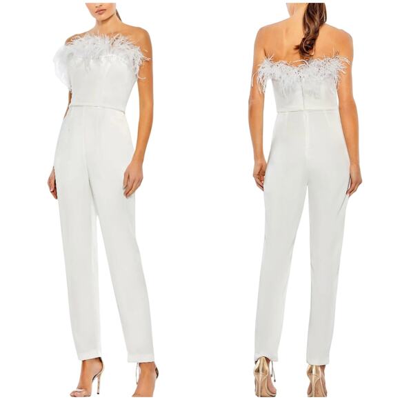 Mac Duggal NWT Strapless Crepe Formal Jumpsuit Feather Trim Size 0 White - Picture 1 of 12